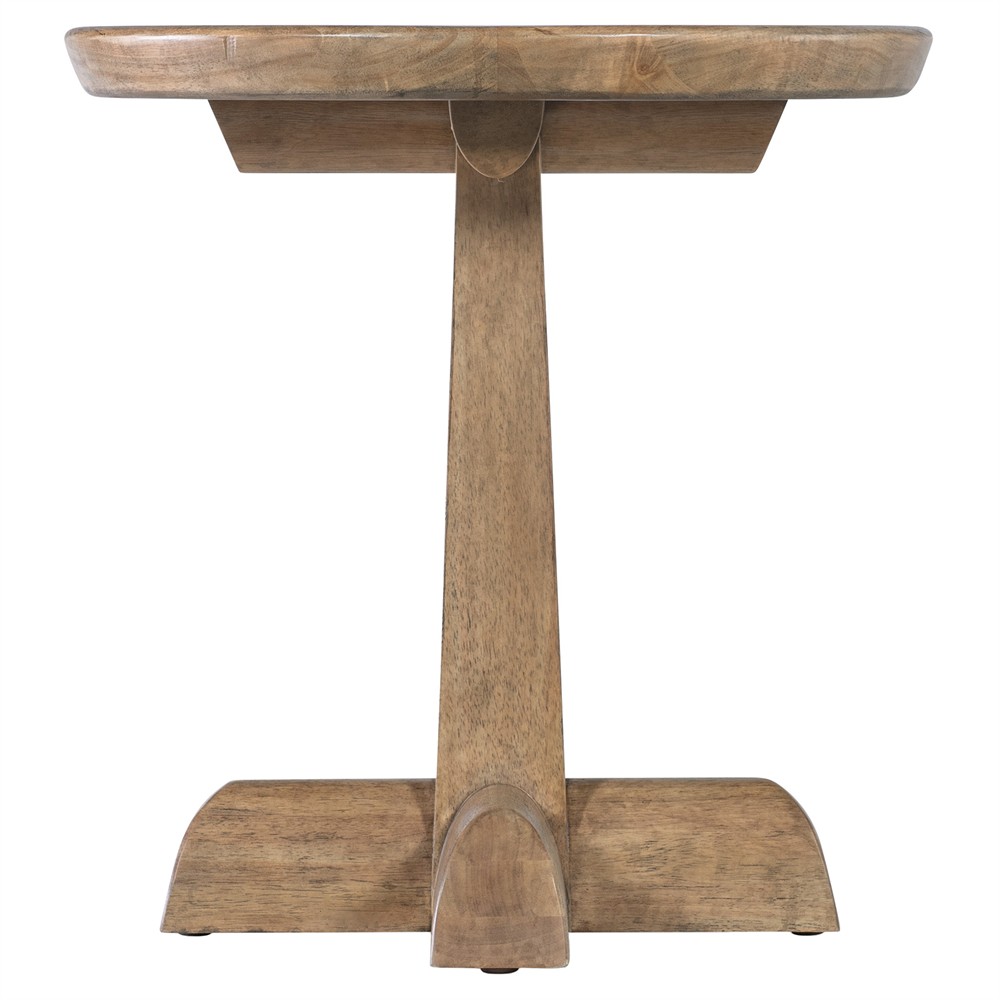 Vince Coastal Beach Grey Travertine Brown Wood Round Pedestal End Table|