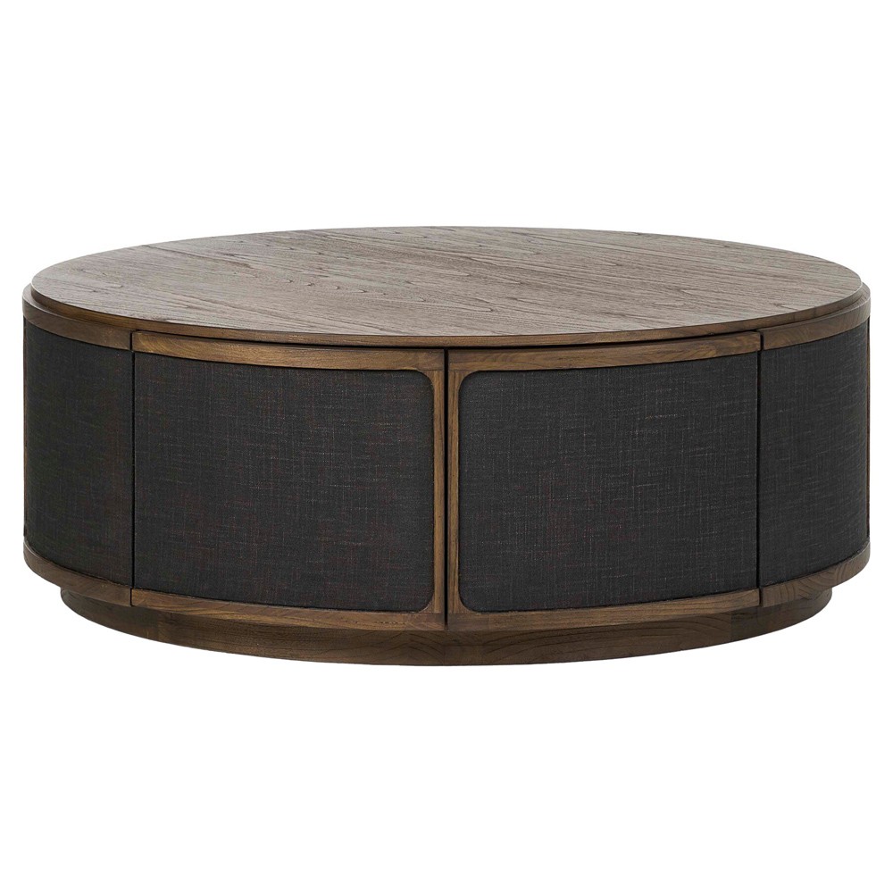Bertie Rustic Lodge Black Painted Linen Brown Wood Round Storage Coffee Table|