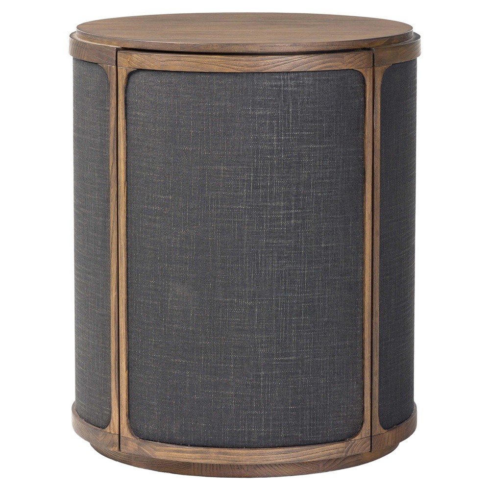 Bertie Rustic Lodge Black Painted Linen Brown Wood Round Storage End Table|