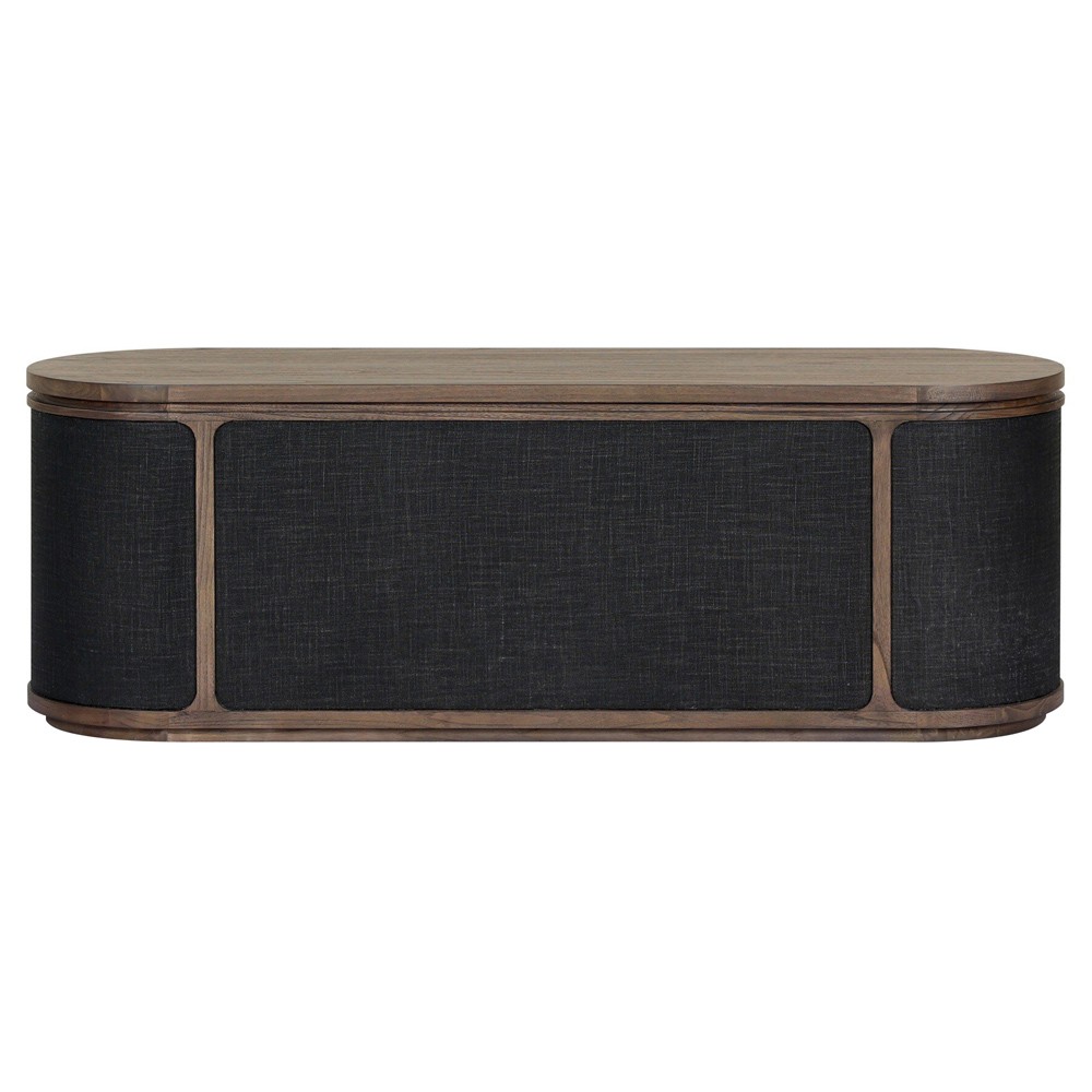 Bertie Rustic Lodge Black Painted Linen Brown Wood Round Storage Bench|