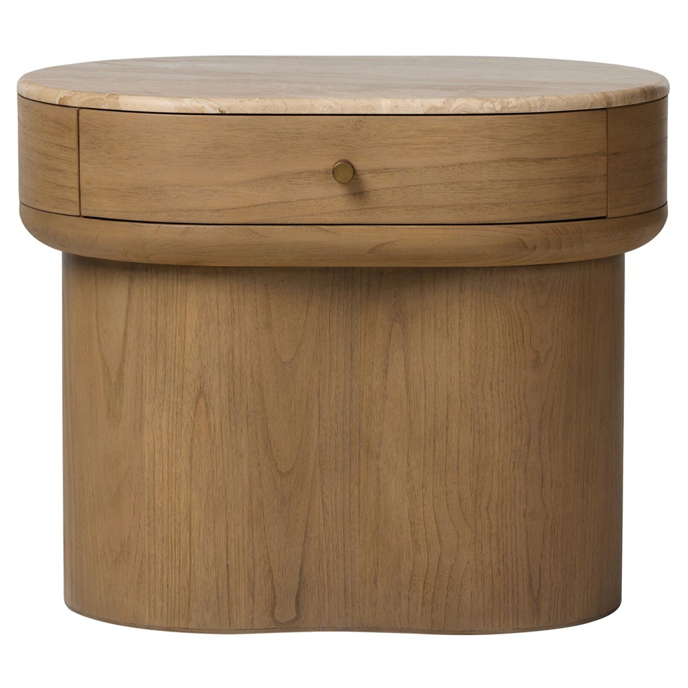 Lando Modern Classic Beige Marble Brown Wood Nightstand|