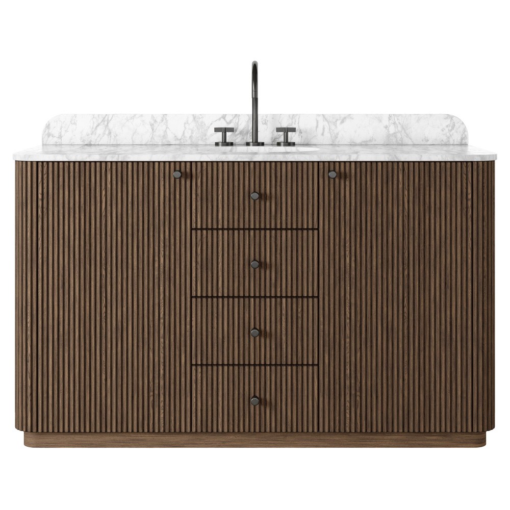 Malden Modern Classic White Marble Brown Oak Reeded Wide Vanity Sink - 55"|