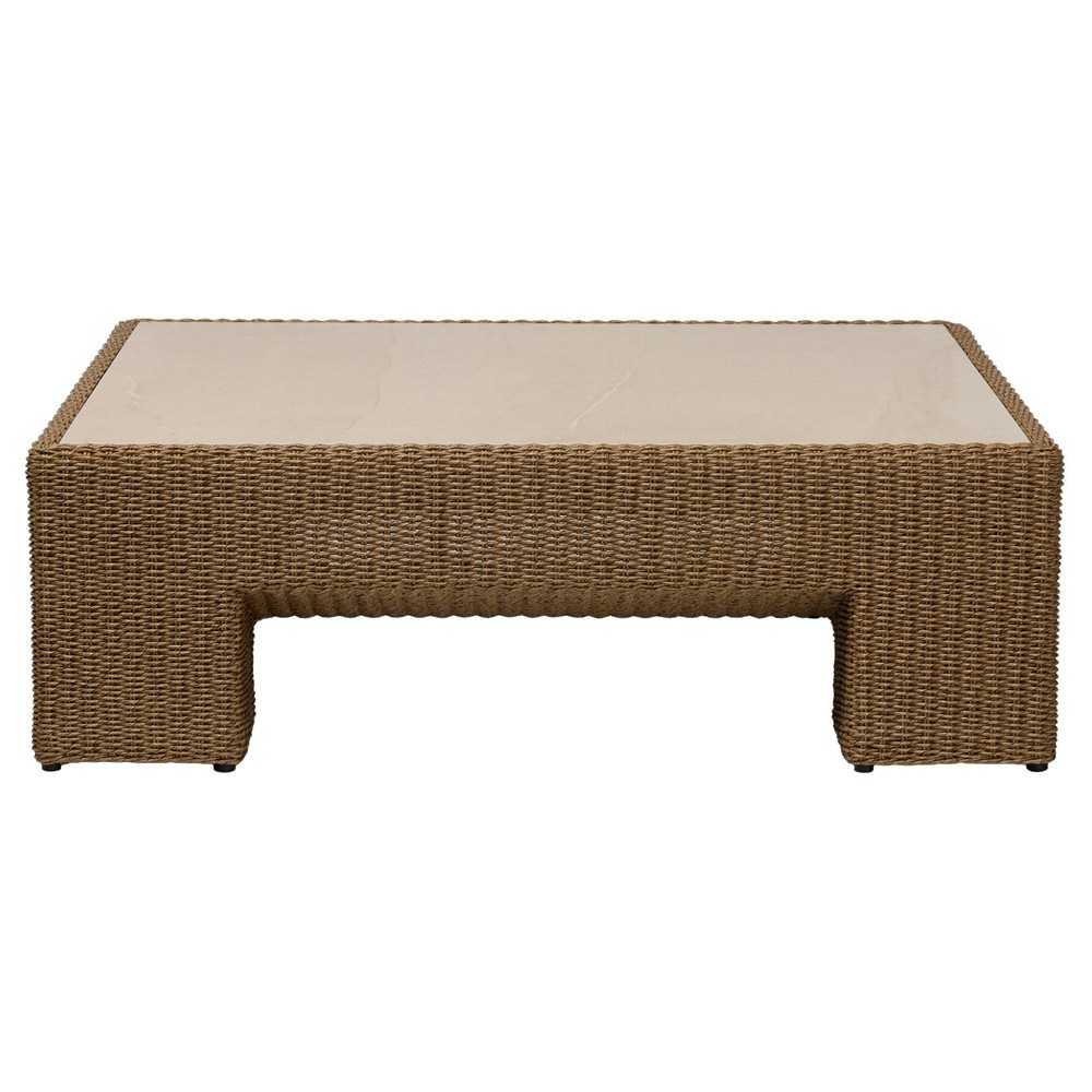 Maris Coastal Beach Beige Stone Woven Outdoor Coffee Table|