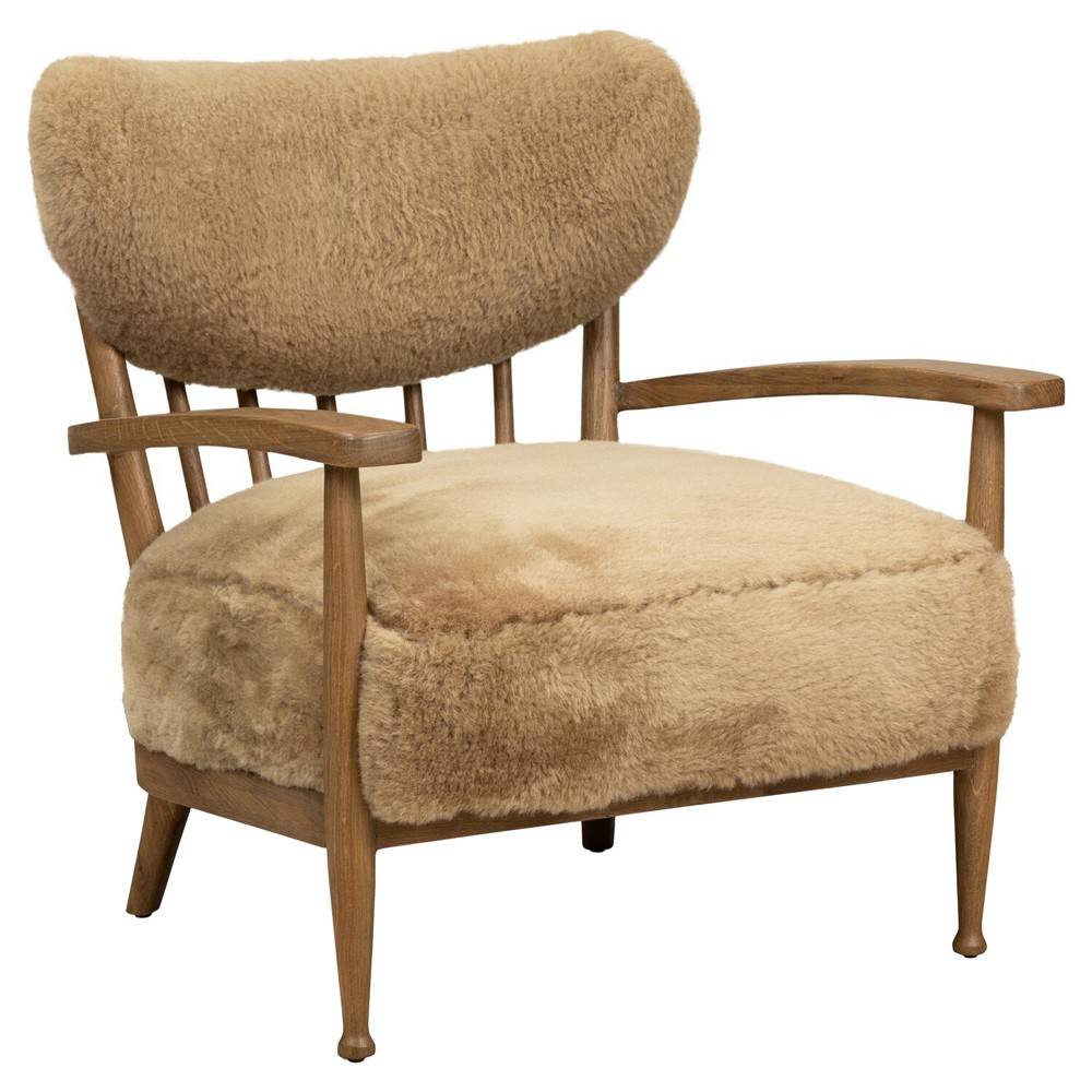 Marisol Updated Traditional Beige Shearling Wing Arm Chair|