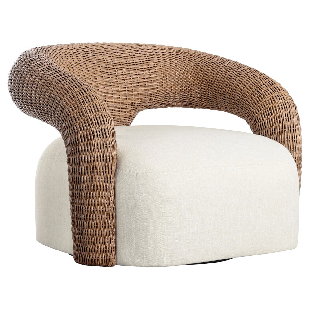 Mazie Coastal Beach Cream Woven Outdoor Swivel Chair|