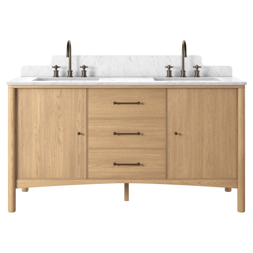 Porter Modern Classic White Marble Brown Oak Double Vanity Sink - 61"|