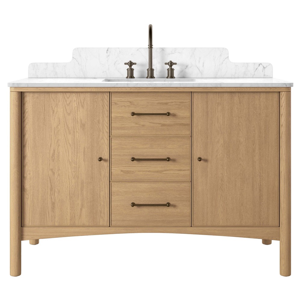 Porter Modern Classic White Marble Brown Oak Wide Single Vanity Sink - 49"|
