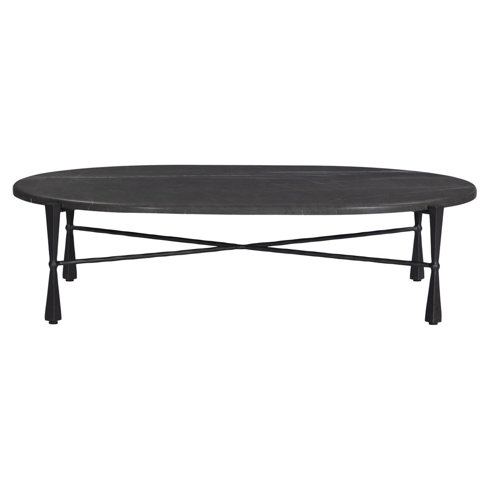 Rayna Updated Traditional Grey Marble Black Iron Oval Coffee Table|
