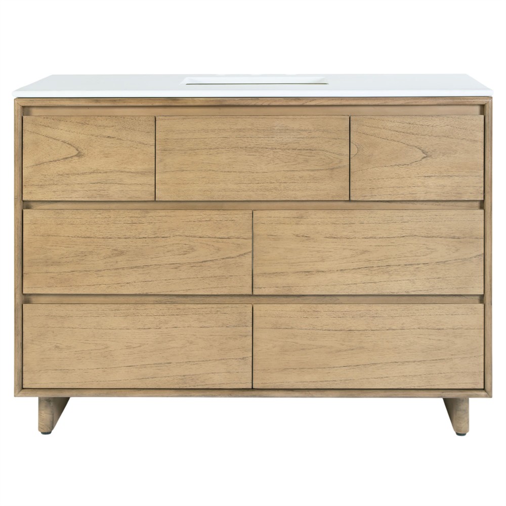 Alixane Modern Classic White Quartz Light Brown Wood Single Vanity Sink - 48"|