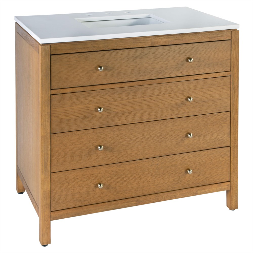 Svea Modern Classic White Quartz Light Natural Wood Single Vanity Sink - 36"|