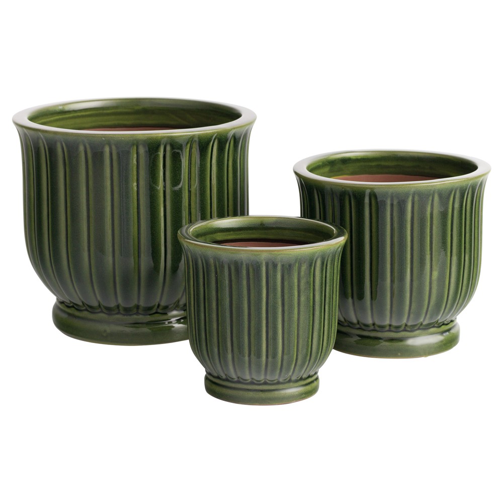 Ellison Traditional Green Fluted Ceramic Outdoor Planter - Set of 3|