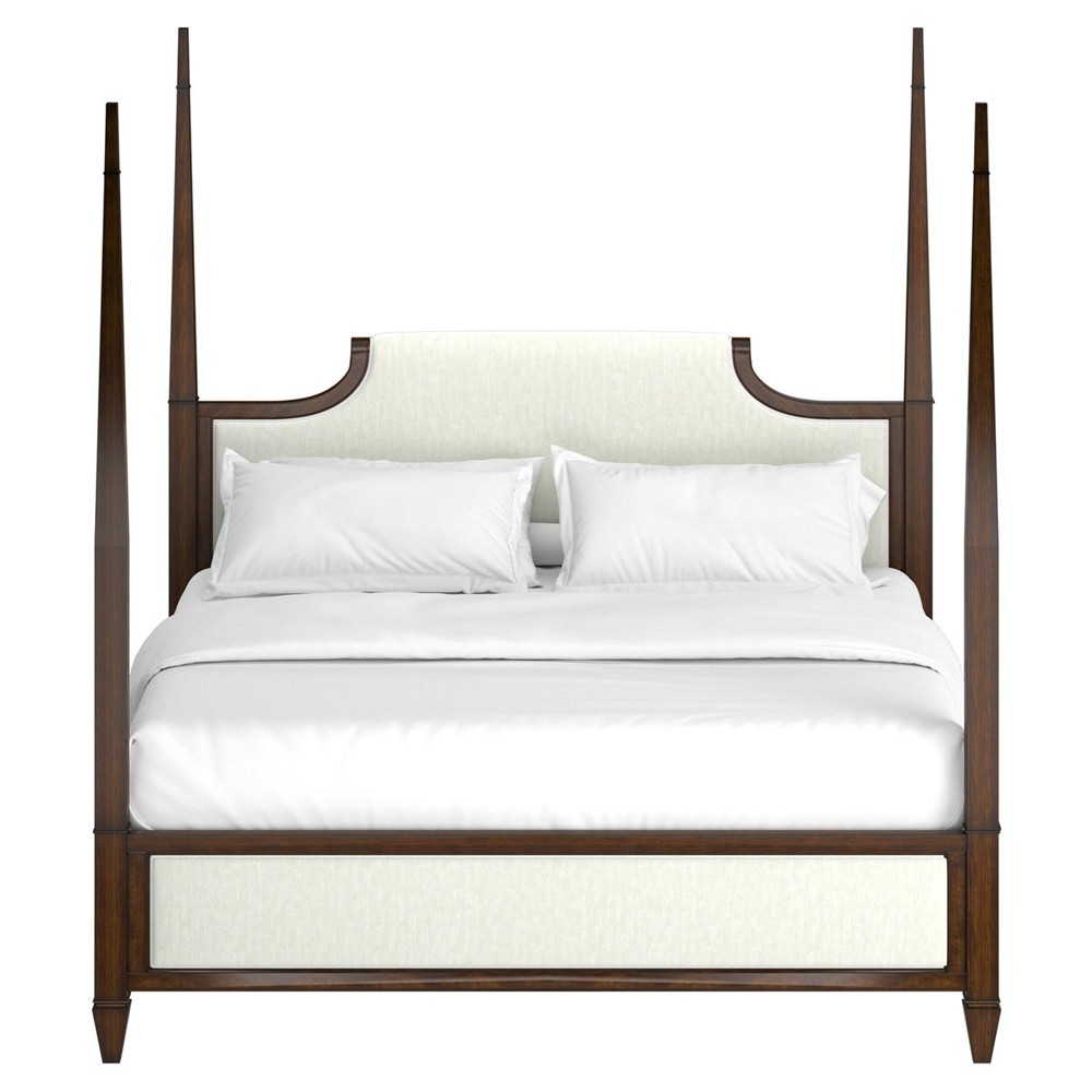 Gatlin Updated Traditional White Upholstered Brown Wood Four Poster Bed - King|