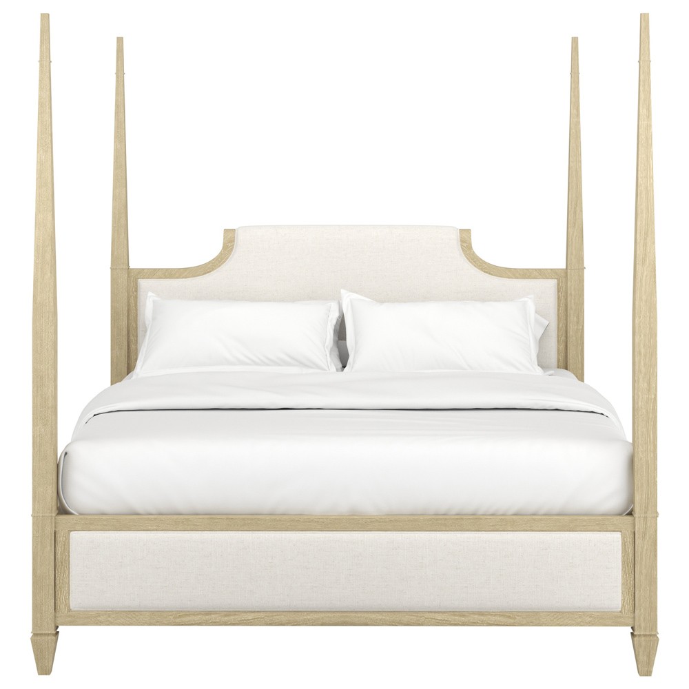 Gatlin Updated Traditional White Upholstered Beige Wood Four Poster Bed - King|