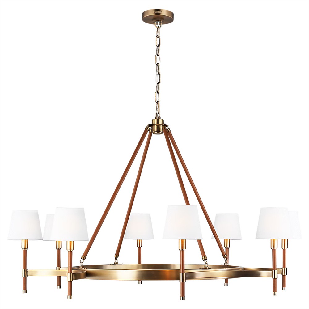 Katie Updated Traditional White Linen Shade Leather Brass Chandelier|