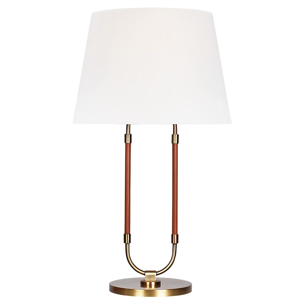 Katie Updated Traditional White Linen Shade Leather Brass Table Lamp|