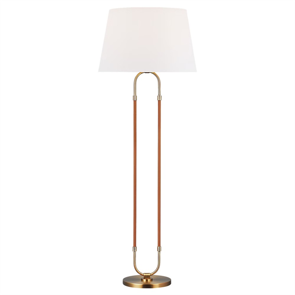 Katie Updated Traditional White Linen Shade Leather Brass Floor Lamp|