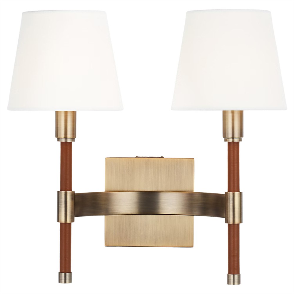 Katie Traditional White Linen Shade Leather Brass Double Armed Sconce|