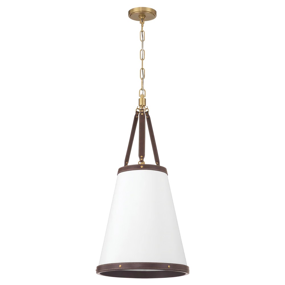 Finley Traditional Brown Leather Trim White Linen 3 Light Pendant|