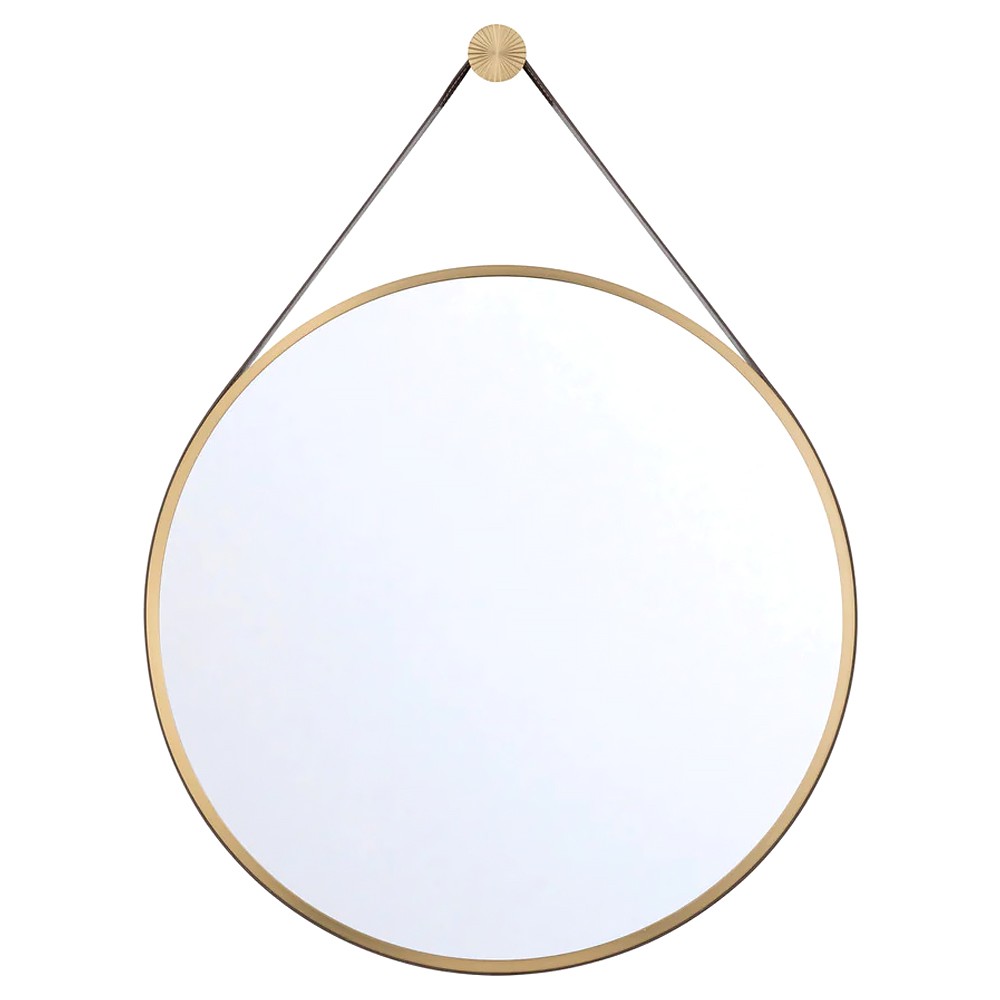 Finley Traditional Brown Leather Strap Gold Round Wall Mirror|
