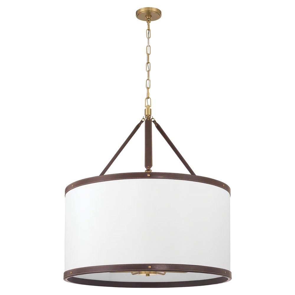 Finley Traditional Brown Leather Trim White Linen Drum Pendant|