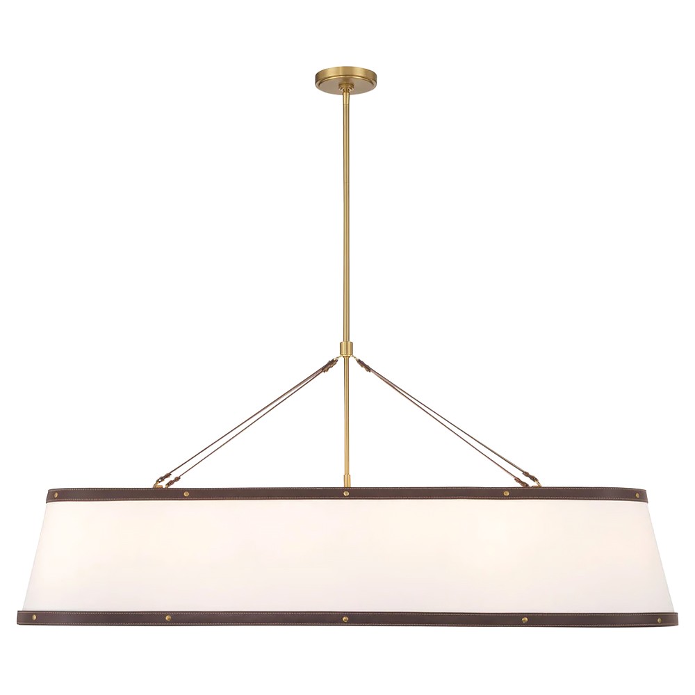 Finley Traditional Brown Leather Trim White Linen Linear Chandelier|
