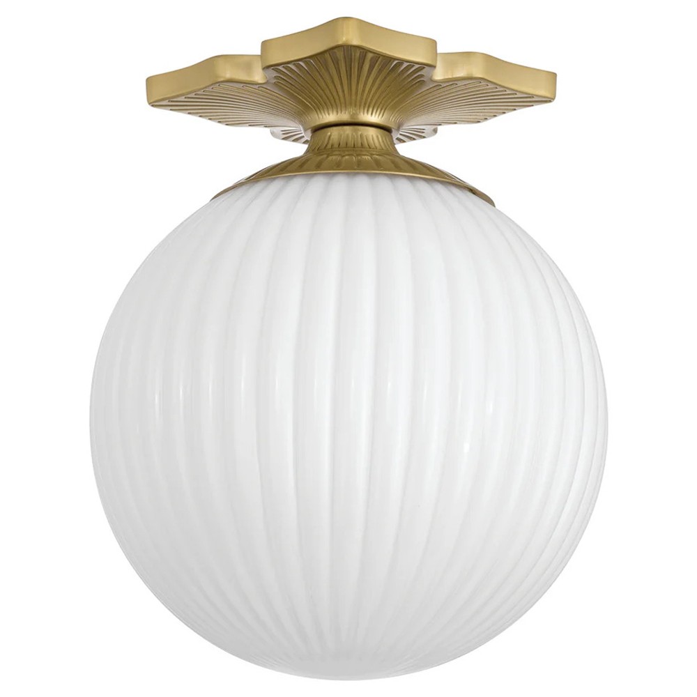 Arden Traditional Aged Brass White Ribbed Glass Semi Flush Mount|