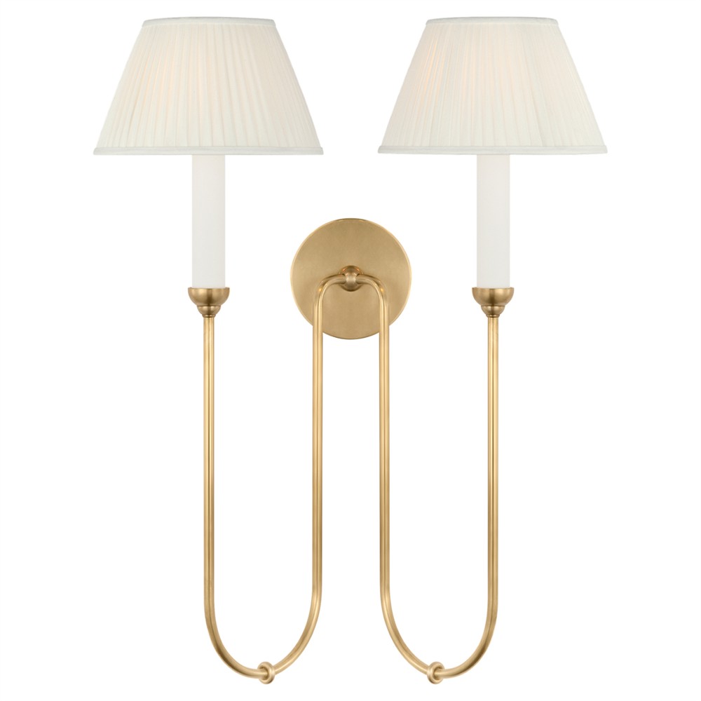 Visual Comfort Ingela White Silk Pleated Antique Brass Double Armed Sconce|