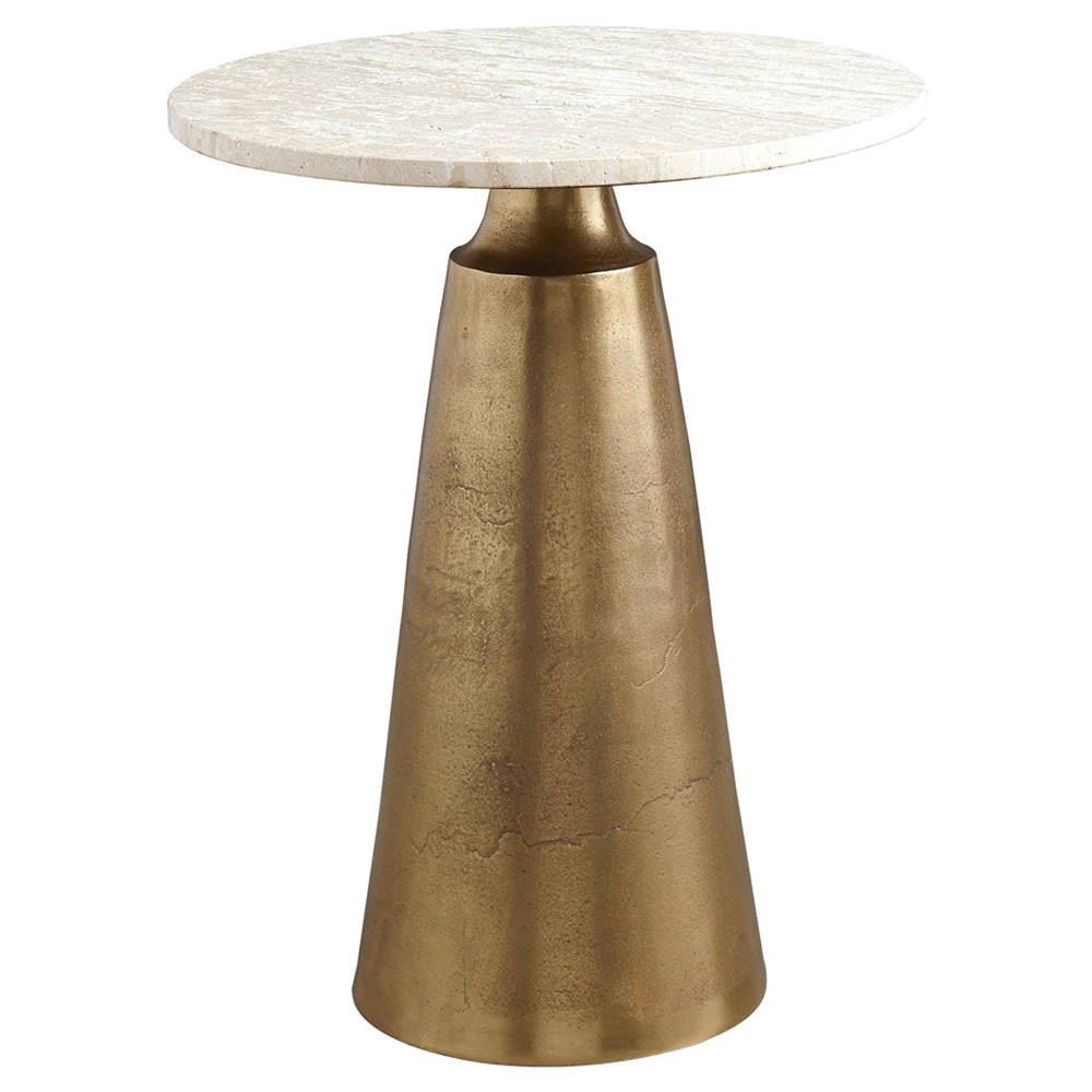 Hera Modern Classic White Travertine Antique Brass Round Outdoor Accent Table|