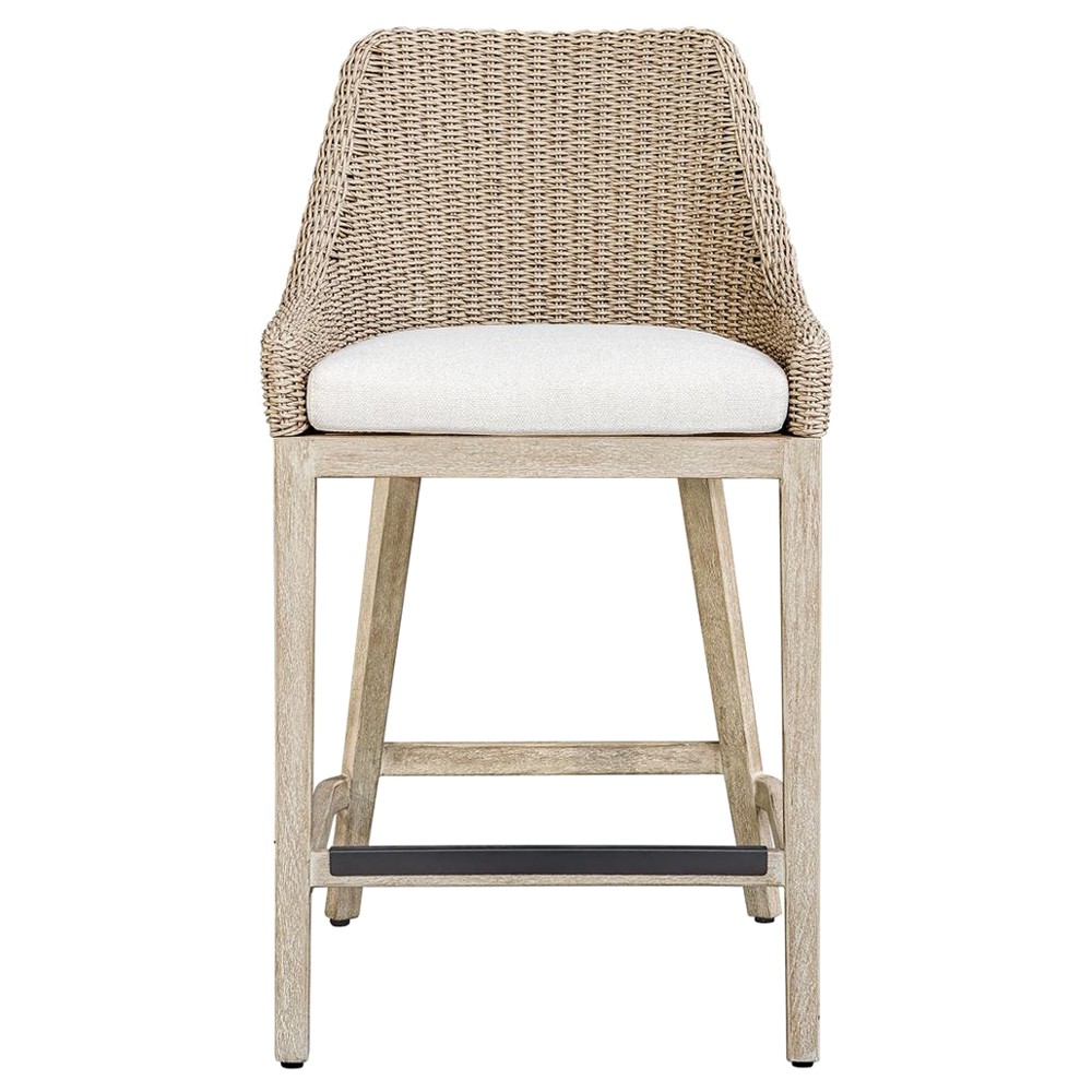 Amalfi Coastal Beach Grey Mahogany Wood Woven Wicker Outdoor Counter Stool|