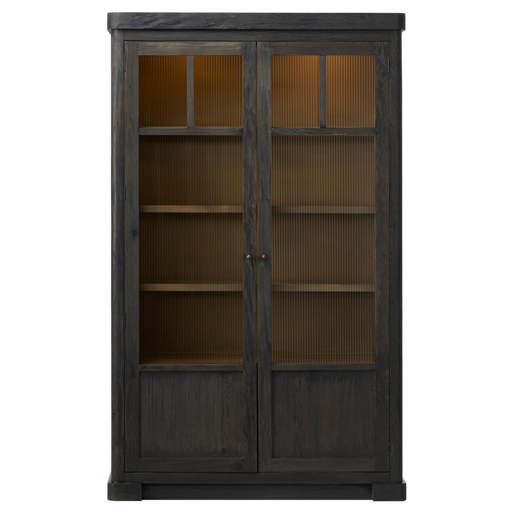 Leopold Rustic Lodge Black Wood Fluted Glass Cabinet|