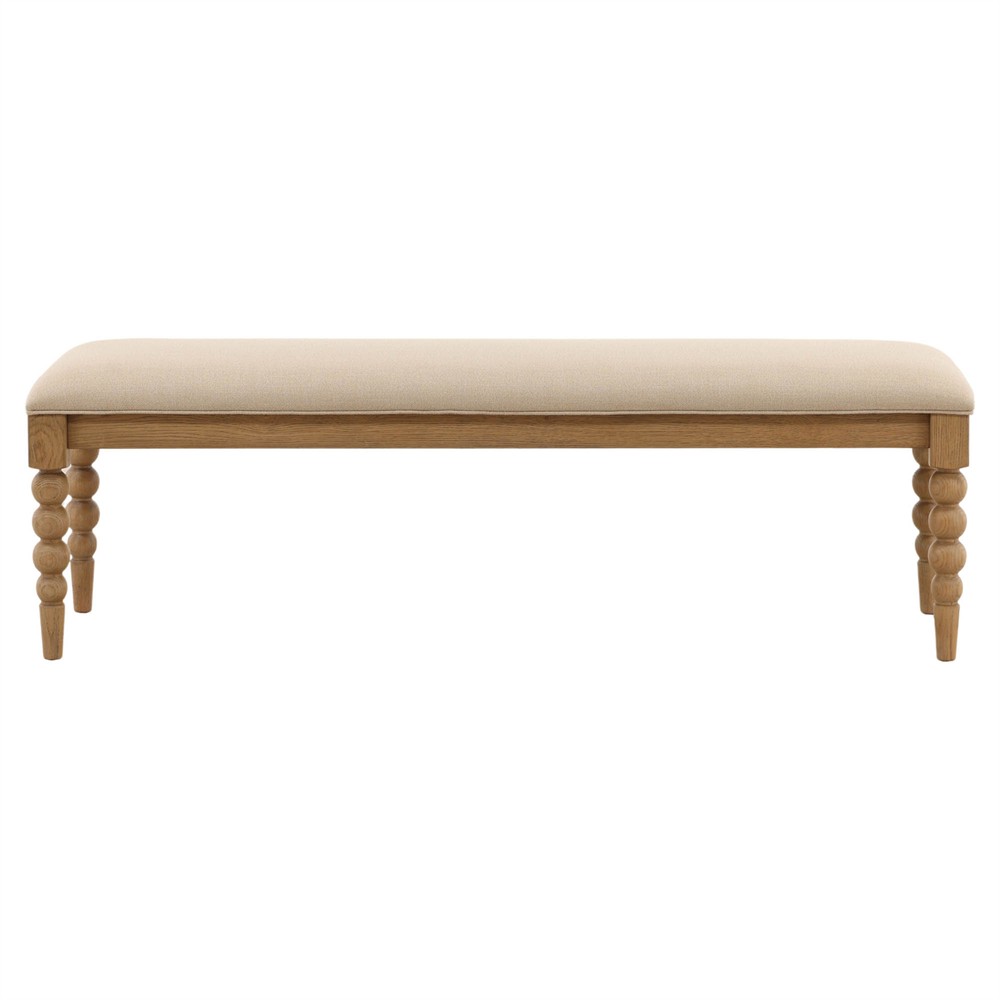 Calypso Updated Traditional Beige Upholstered Natural Oak Bedroom Bench|