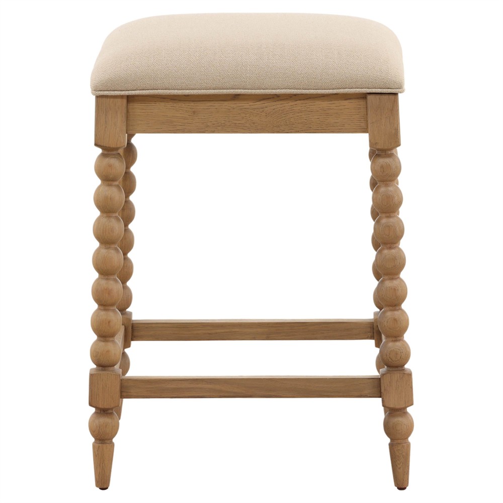 Calypso Updated Traditional Beige Upholstered Natural Oak Counter Stool|
