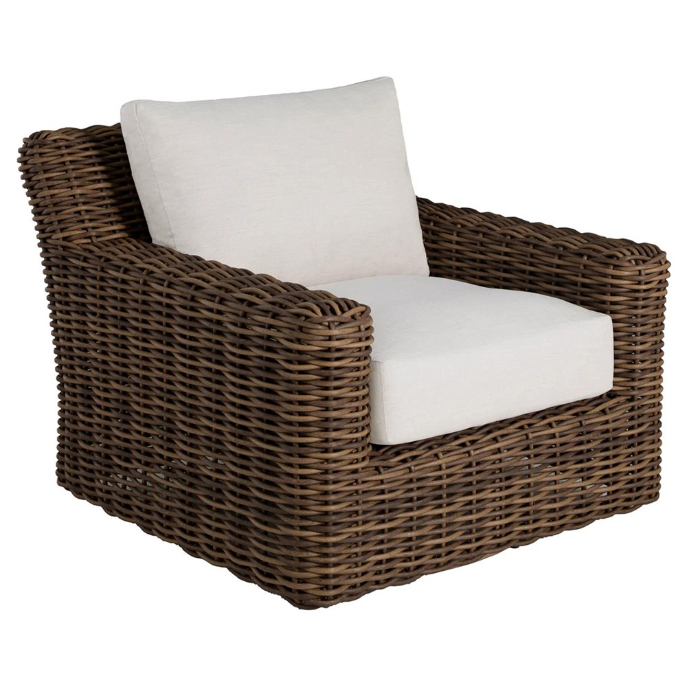 Montauk Cream Upholstered Brown Wicker Outdoor Swivel Lounge Chair|
