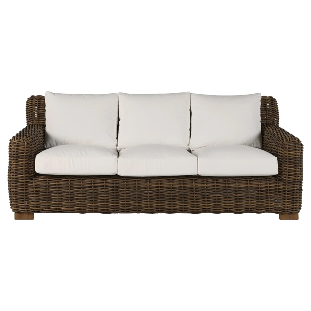 Montauk Cream Upholstered Brown Wicker Outdoor Sofa - 84"|