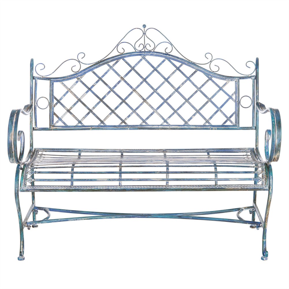 Anise French Country Antique Blue Iron Outdoor Garden Bench|