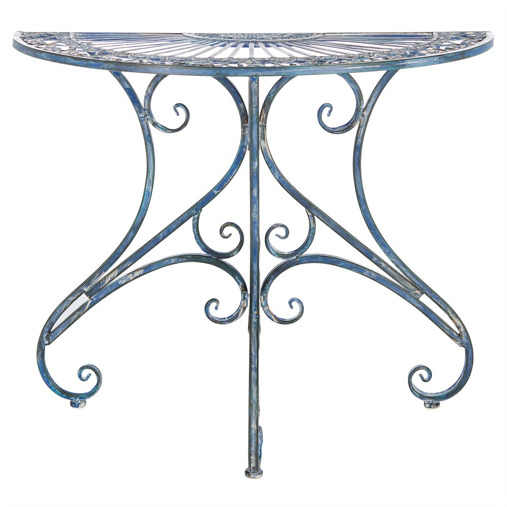 Alessia French Country Antique Blue Iron Demilune Outdoor Console Table|