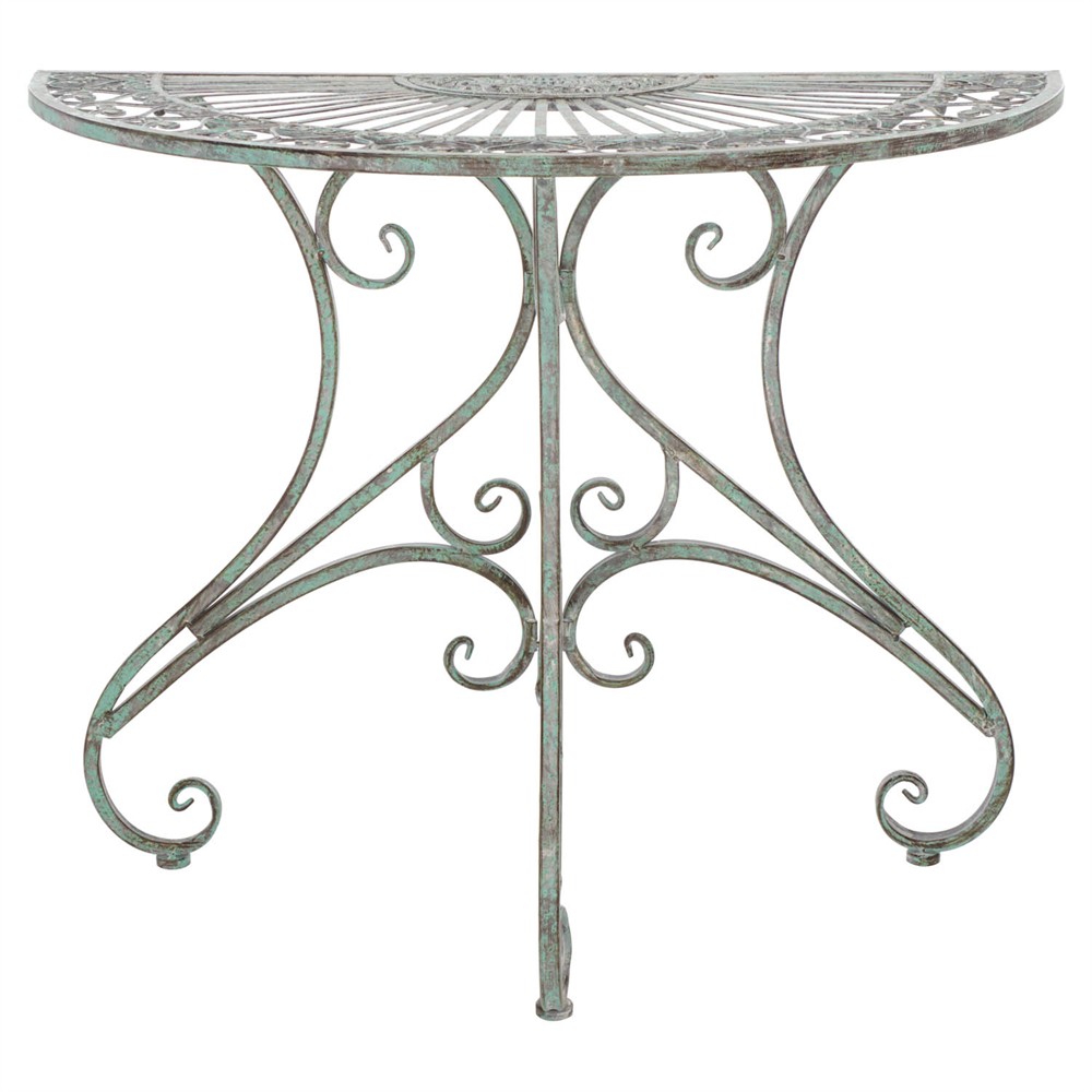 Alessia French Country Antique Green Iron Demilune Outdoor Console Table|