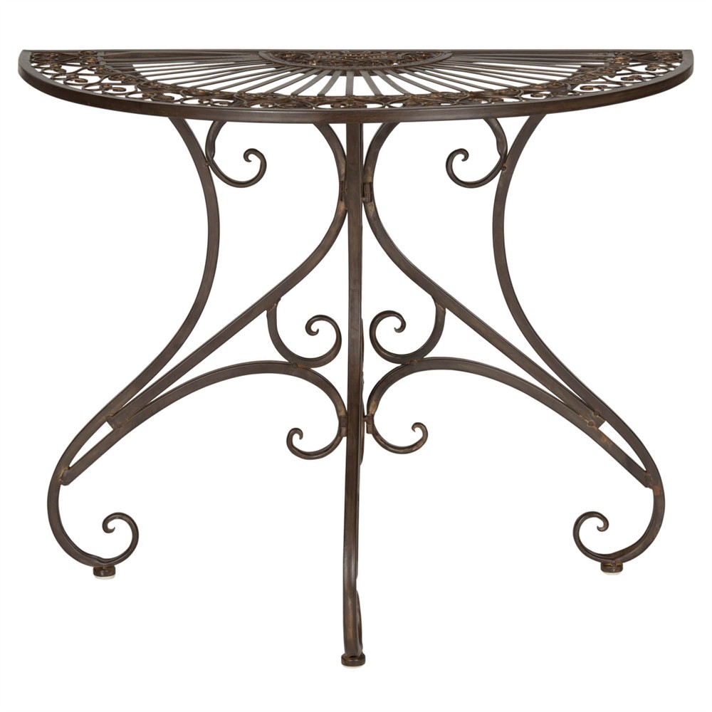 Alessia French Country Rustic Brown Iron Demilune Outdoor Console Table|