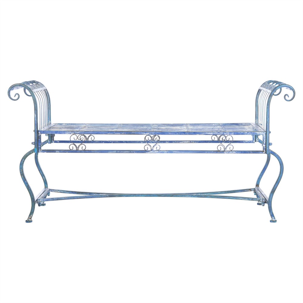 Althea French Country Antique Blue Iron Outdoor Garden Bench|