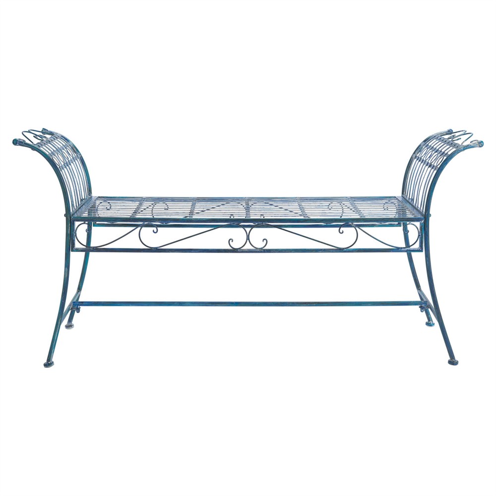 Hailey French Country Antique Blue Iron Outdoor Garden Bench|