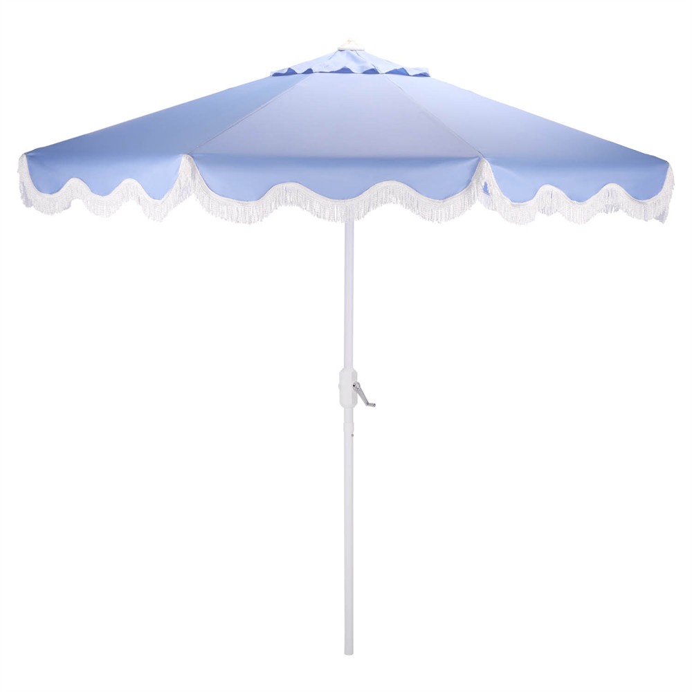 blue fringe patio umbrella Blair French Country Light Blue Round Fringe Patio Umbrella
