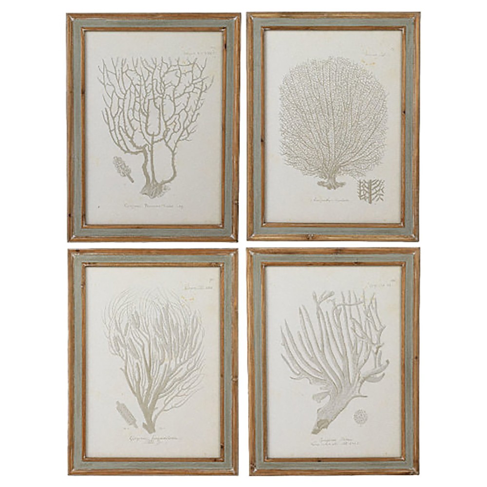 Arlene Costal Beach Grey Coral Brown Wood Frame Illustration - Set of 4|