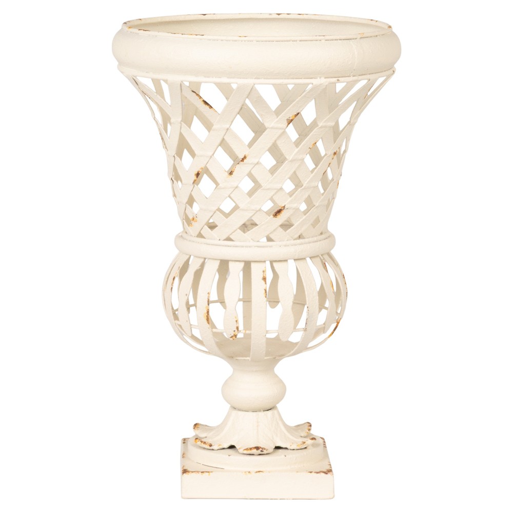 Elodie French Country Distressed White Iron Lattice Urn Planter - 16.5"|