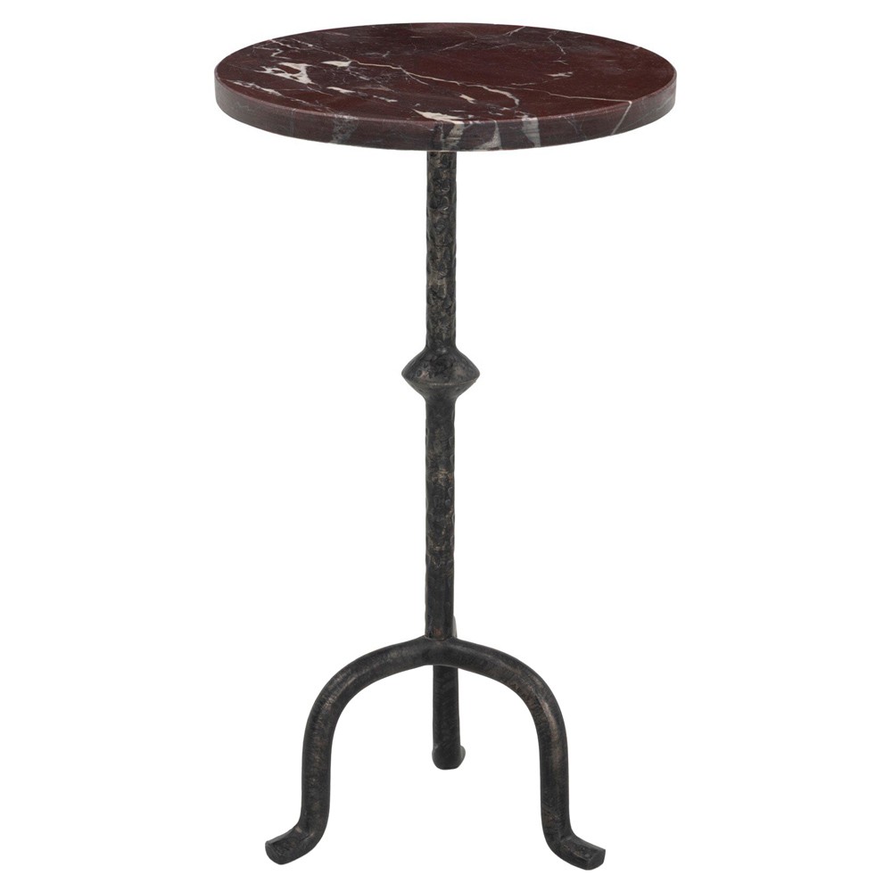 Leyla French Country Maroon Marble Black Iron Round Drink Table