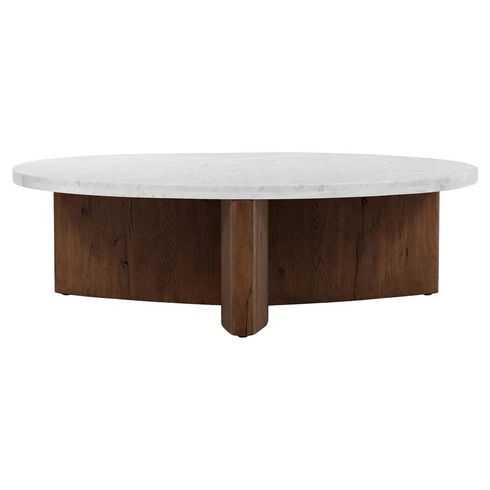 Teddie Rustic Lodge White Marble Brown Oak Wood Round Coffee Table|