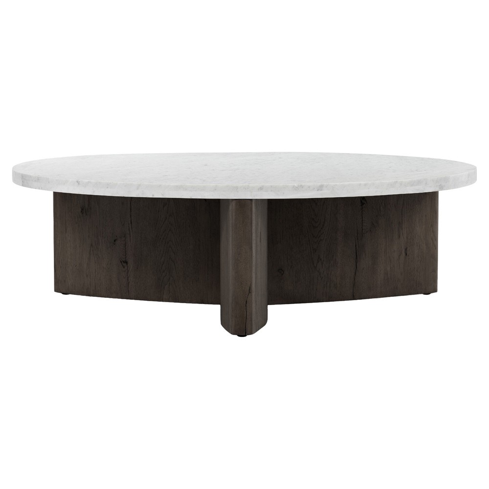Teddie Rustic Lodge White Marble Black Oak Wood Round Coffee Table|