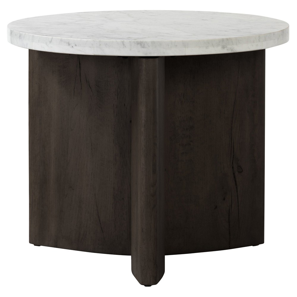 Teddie Rustic Lodge White Marble Black Oak Wood Round End Table|