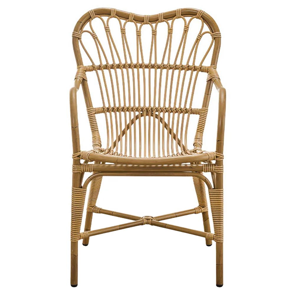 Claire Coastal Beach Brown Woven Aluminum Stackable Outdoor Dining Arm Chair|