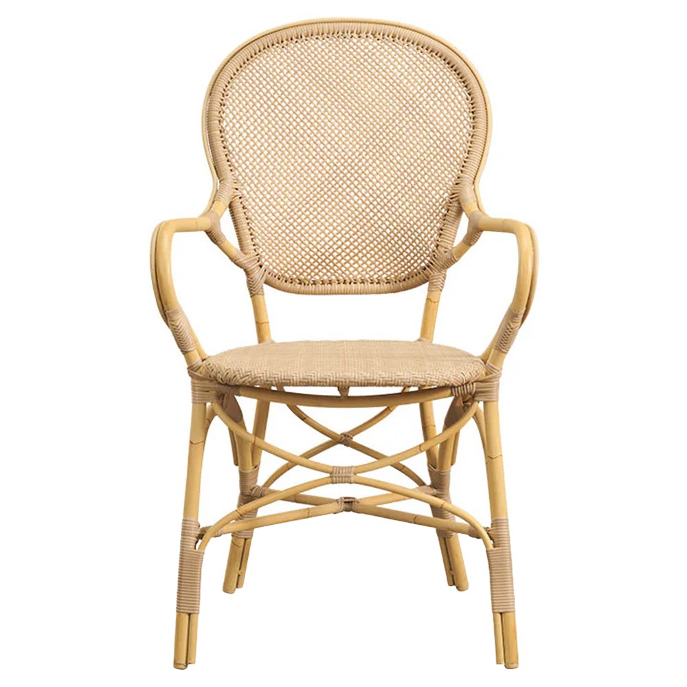 Lydia French Country Natural Woven Aluminum Outdoor Dining Arm Chair|