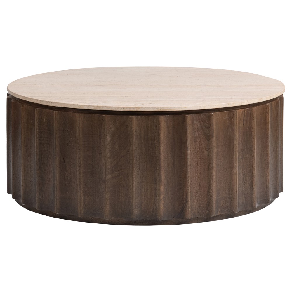 Hailey Modern Classic Travertine Brown Mango Wood Fluted Round Coffee Table|